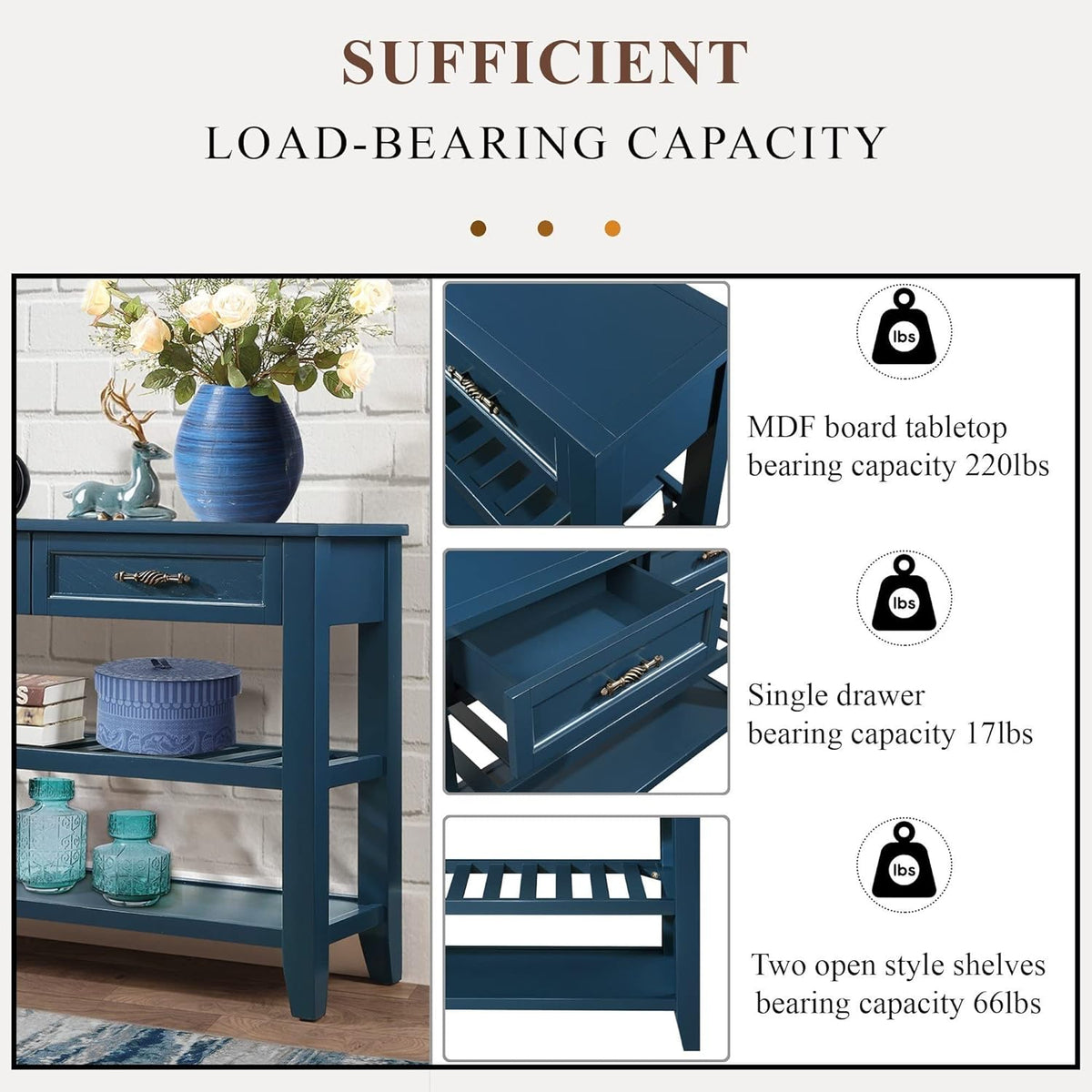 Solid Wood Console Table Entryway Table with Storage Drawers and Shelves Sofa Table for Entry
