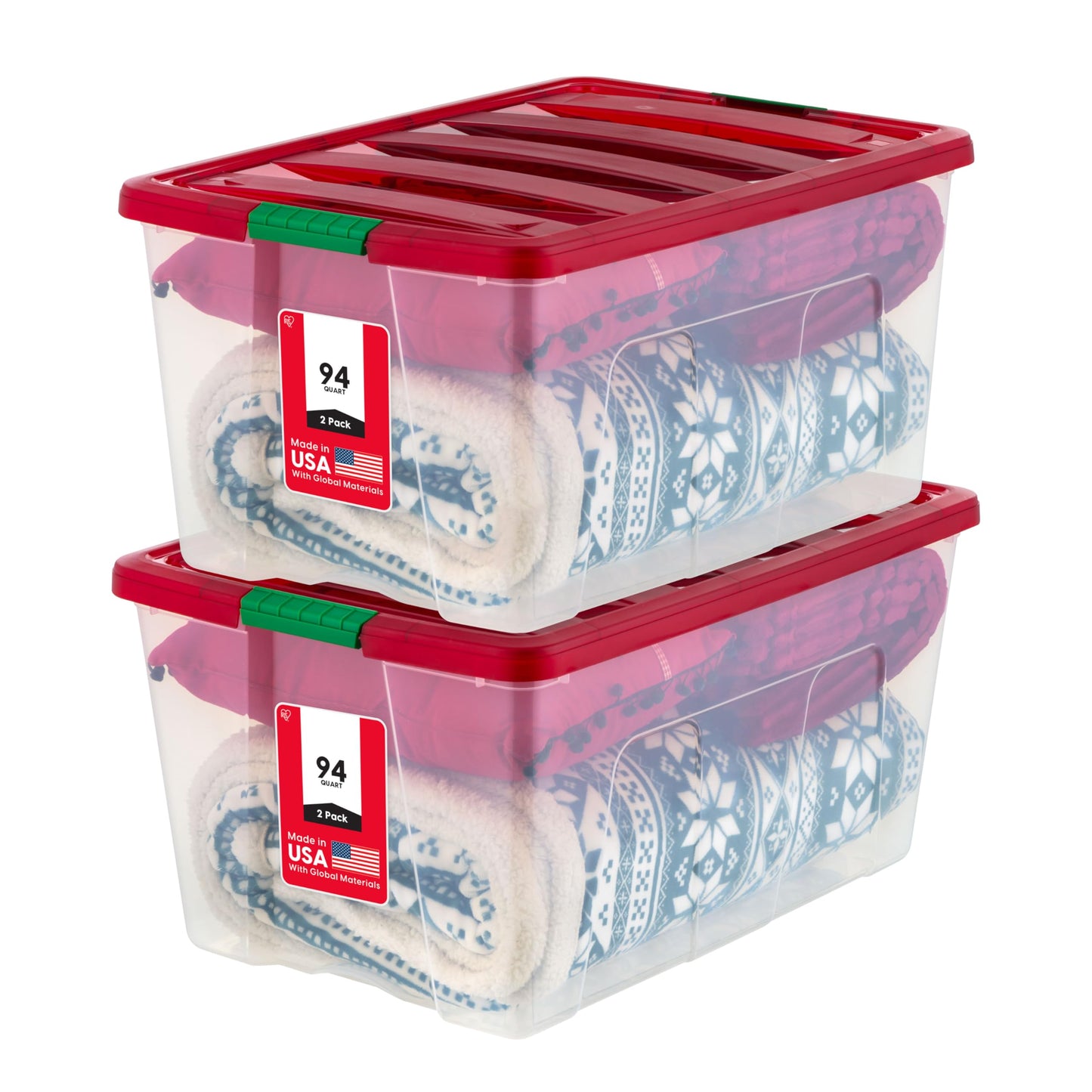 IRIS USA 2-Pack, 94 Qt. Holiday Storage Bin with Lids, Red