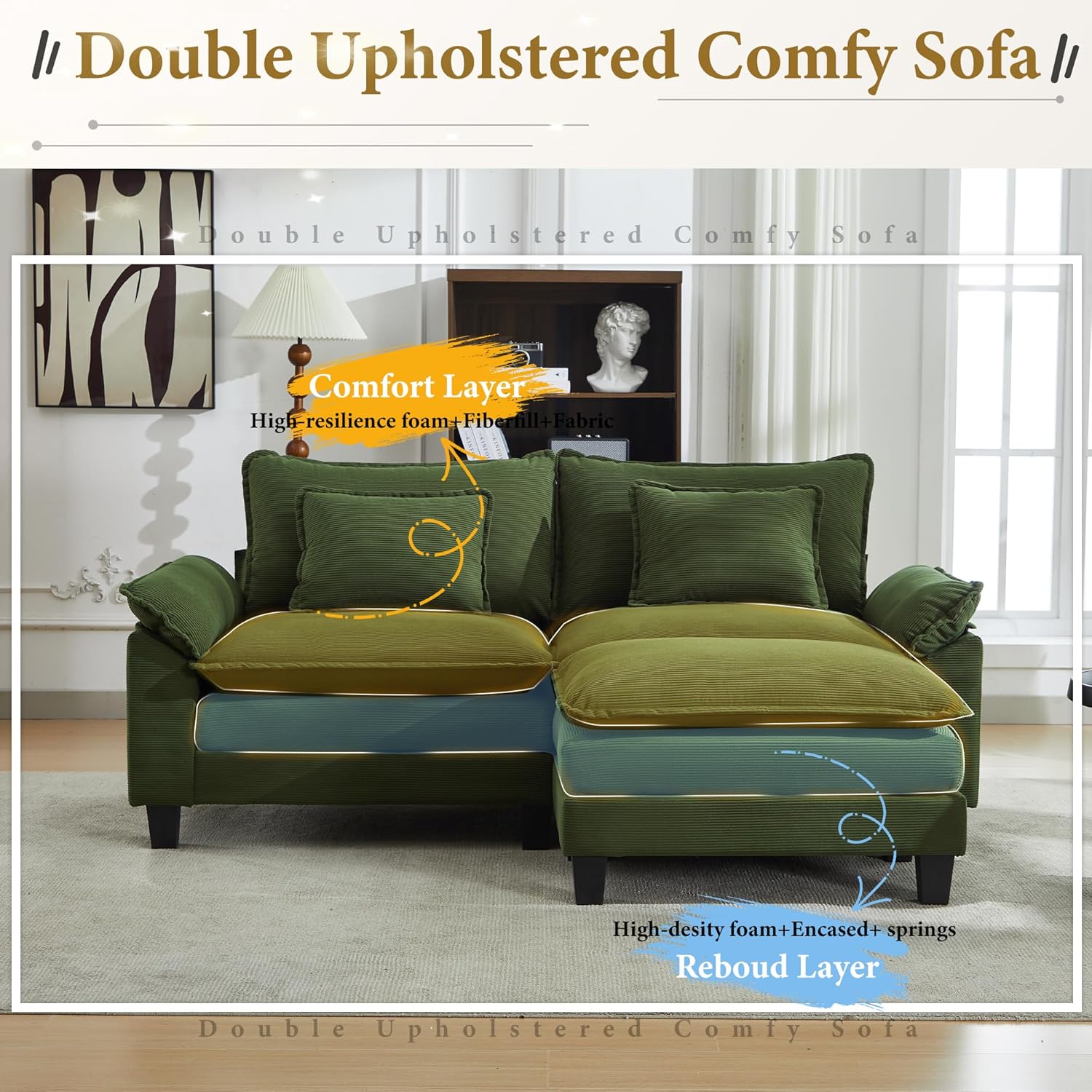 URRED Modular Sectional Sofa Comfy Cloud Couch, Modern Corduroy Sofa Sleeper Deep Seat Couches with