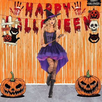 Foil Fringe Curtains Halloweens Decorations - Orange Tinsel Photo Backdrop Party Streamers for St
