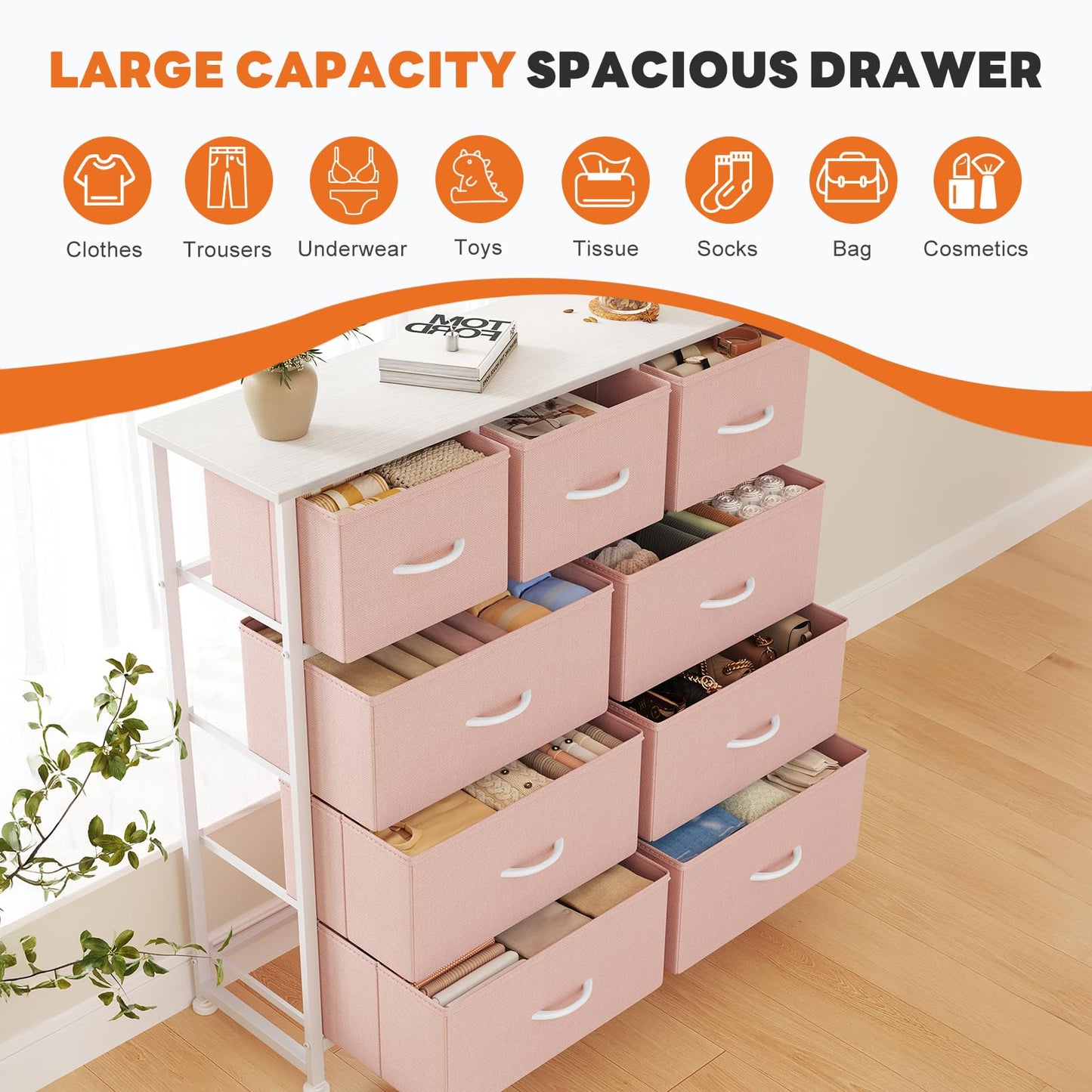 Sweetcrispy 9 Drawer Fabric Dresser Storage Tower Drawer Organizer, Pink