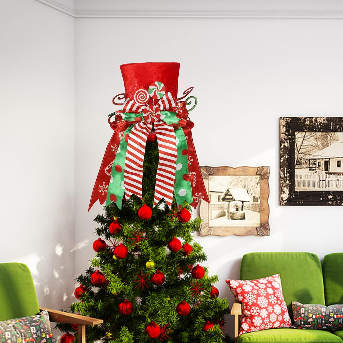yofit Christmas Tree Topper Hat, Large Red Hat with Striped Bow Ribbon & Lollipop, Christmas Tree