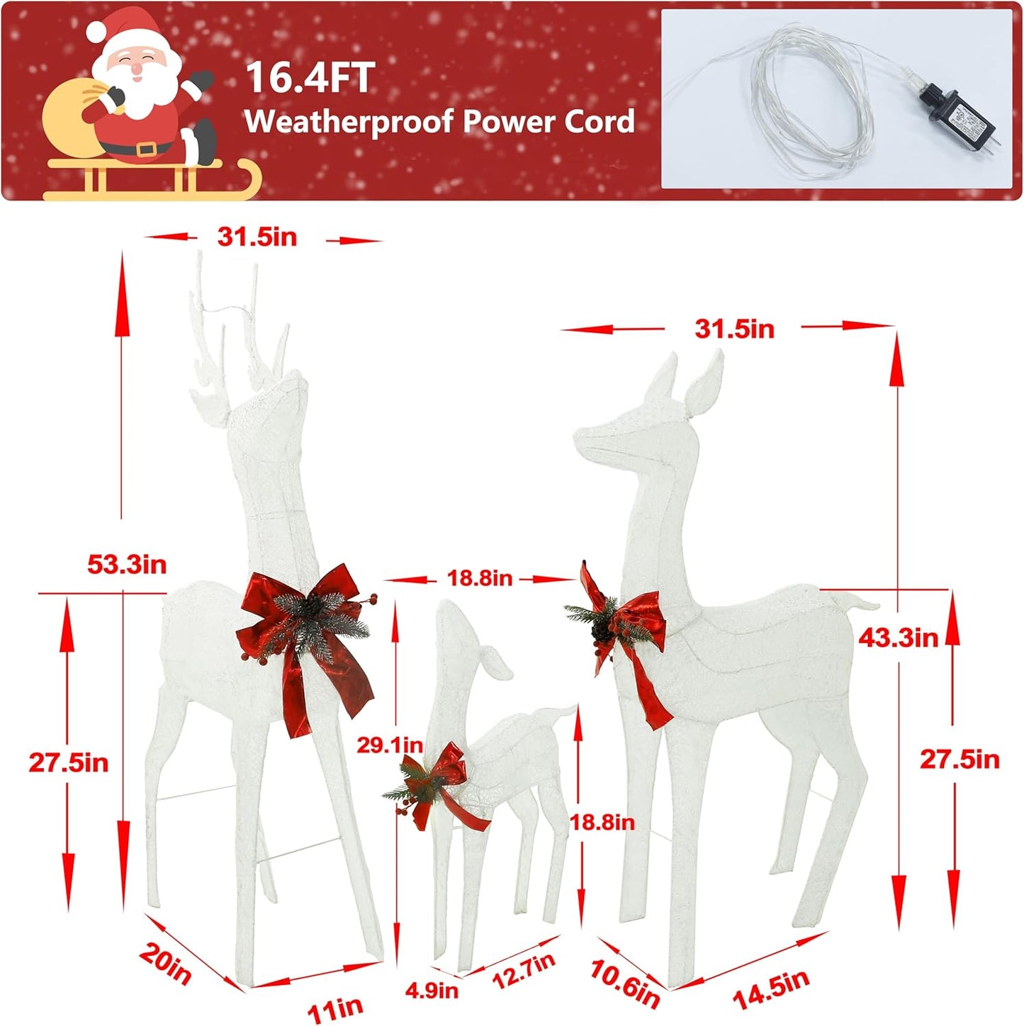 4.5FT Lighted Reindeer Family Set for Christmas Decoration, 3 Pieces Pre-Lit Iridescent Deer Xmas