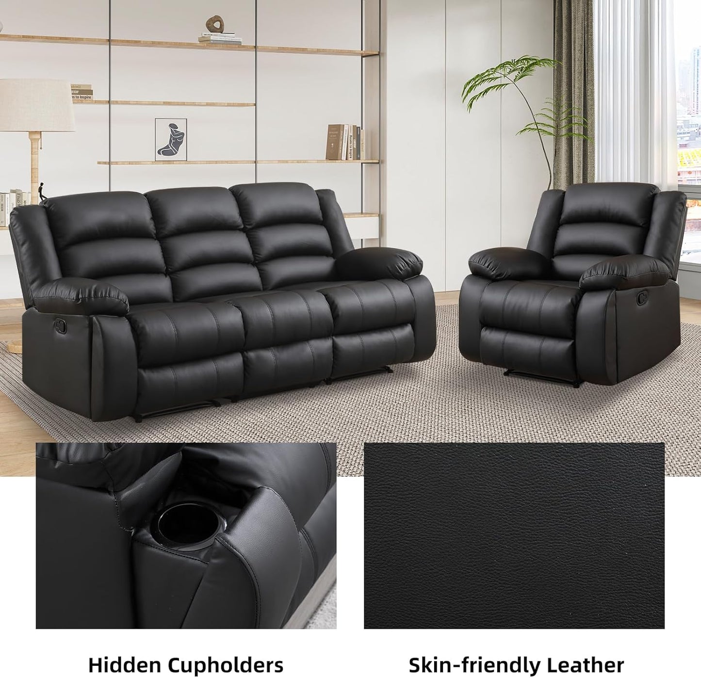 EBELLO Faux Leather Manual Recliner Sofa Set, 3 Seat Reclining Sofa, Couch Furniture Set for Living