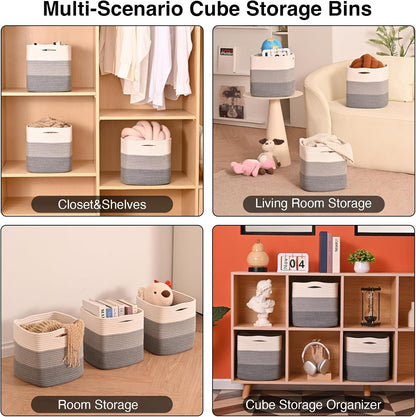 11 Inch Cube Storage Bins, Storage Cube Organizer Bins, Woven Cotton Rope Basket for Storage