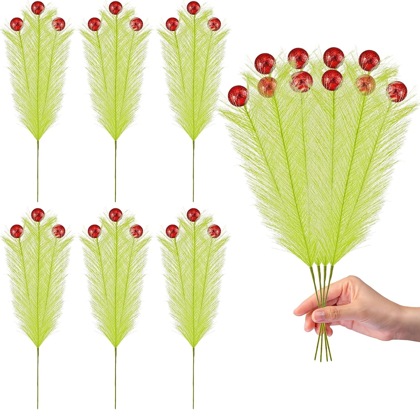 10 Pcs Christmas Tree Topper - 17" Christmas Tree Picks and Sprays Lime Green Curly Stems with Red