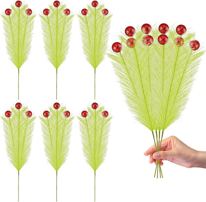 10 Pcs Christmas Tree Topper - 17" Christmas Tree Picks and Sprays Lime Green Curly Stems with Red
