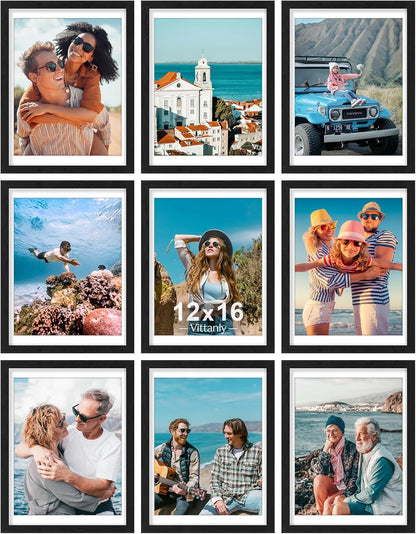Vittanly 12x16 Picture Frames Set of 9, Shatter Resistant Plexiglass, Display 11x14 Pictures with