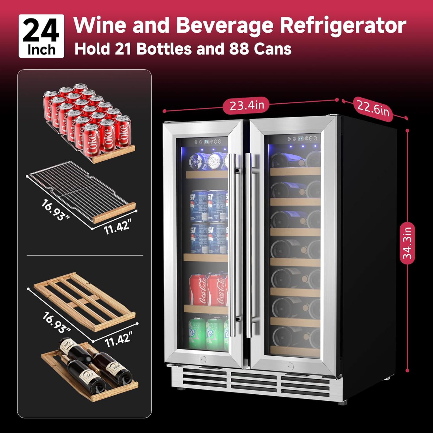 24" Wine and Beverage Refrigerator, Dual Zone Wine Cooler with Glass Door, Hold 88 Cans & 21