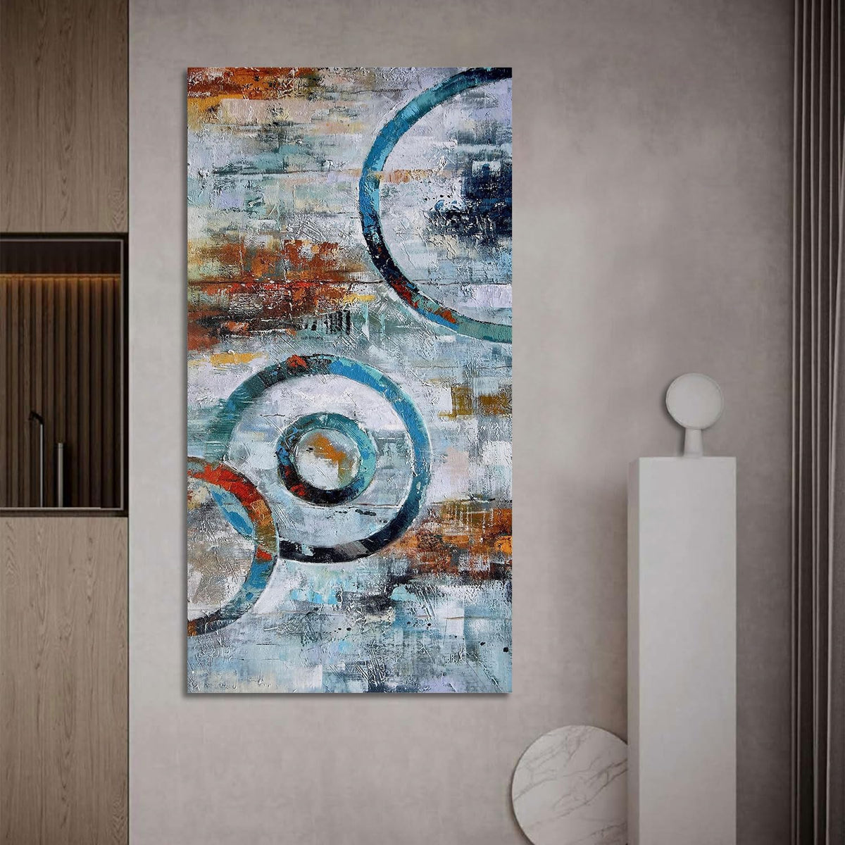 Arjun Abstract Wall Art Geometric Canvas Circle Block Painting Modern Grey Brown Picture, Large