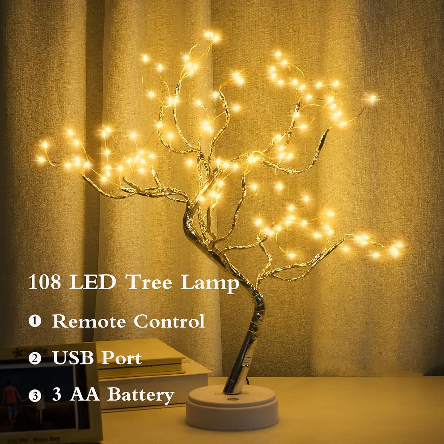 108 LED Sparkly Fairy Tree Lamp, Warm White, Remote Control, USB/Battery, 8 Modes, DIY Bonsai