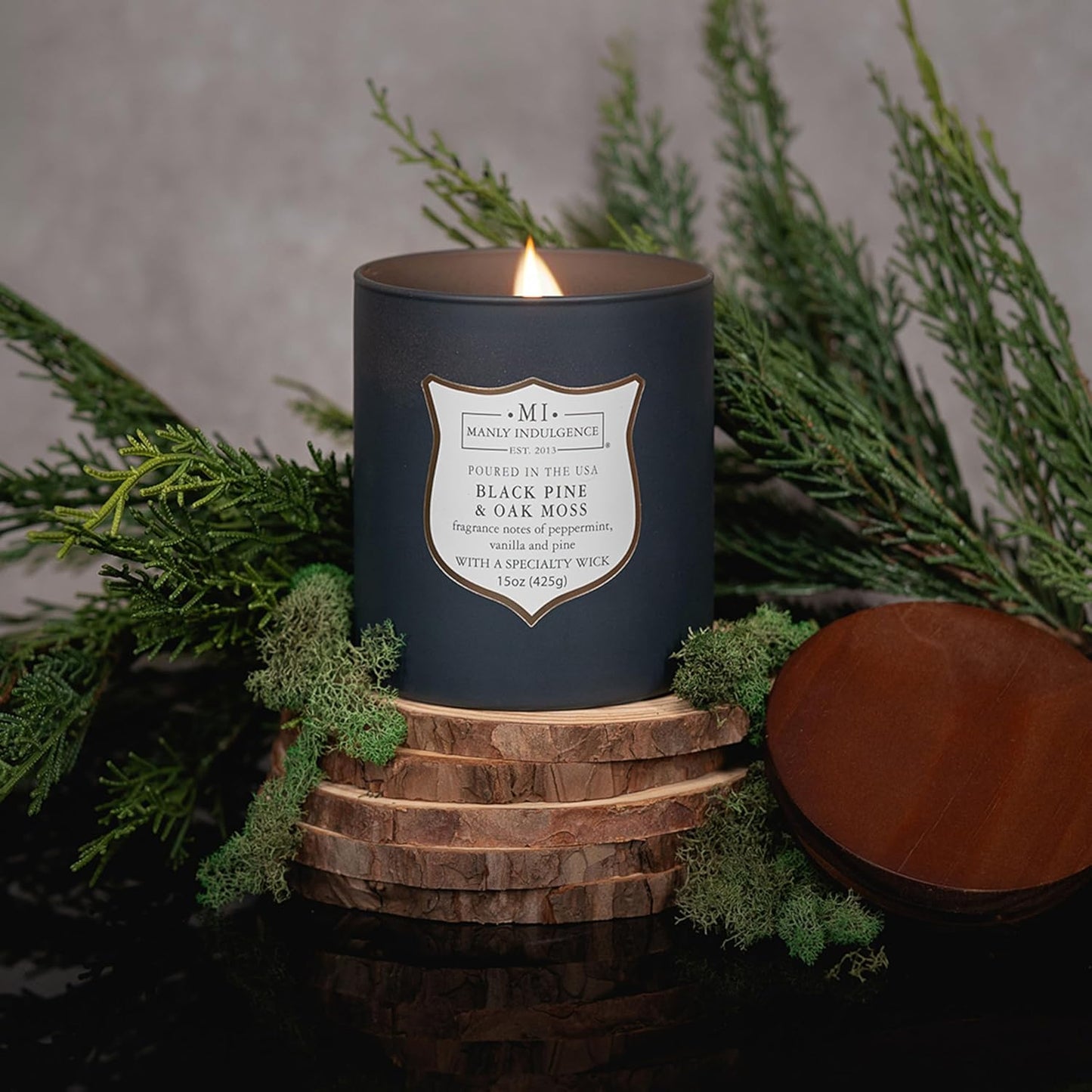 Manly Indulgence Black Pine Oakmoss Scented Candles for Men, 15 oz Wooden Wick, Premium Soy Blend