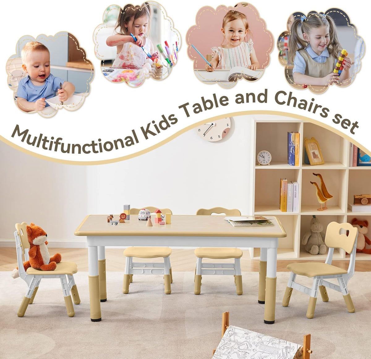 Kids Study Table and Chairs Set, Height Adjustable Toddler Table and Chair Set for Kids Ages 3-8