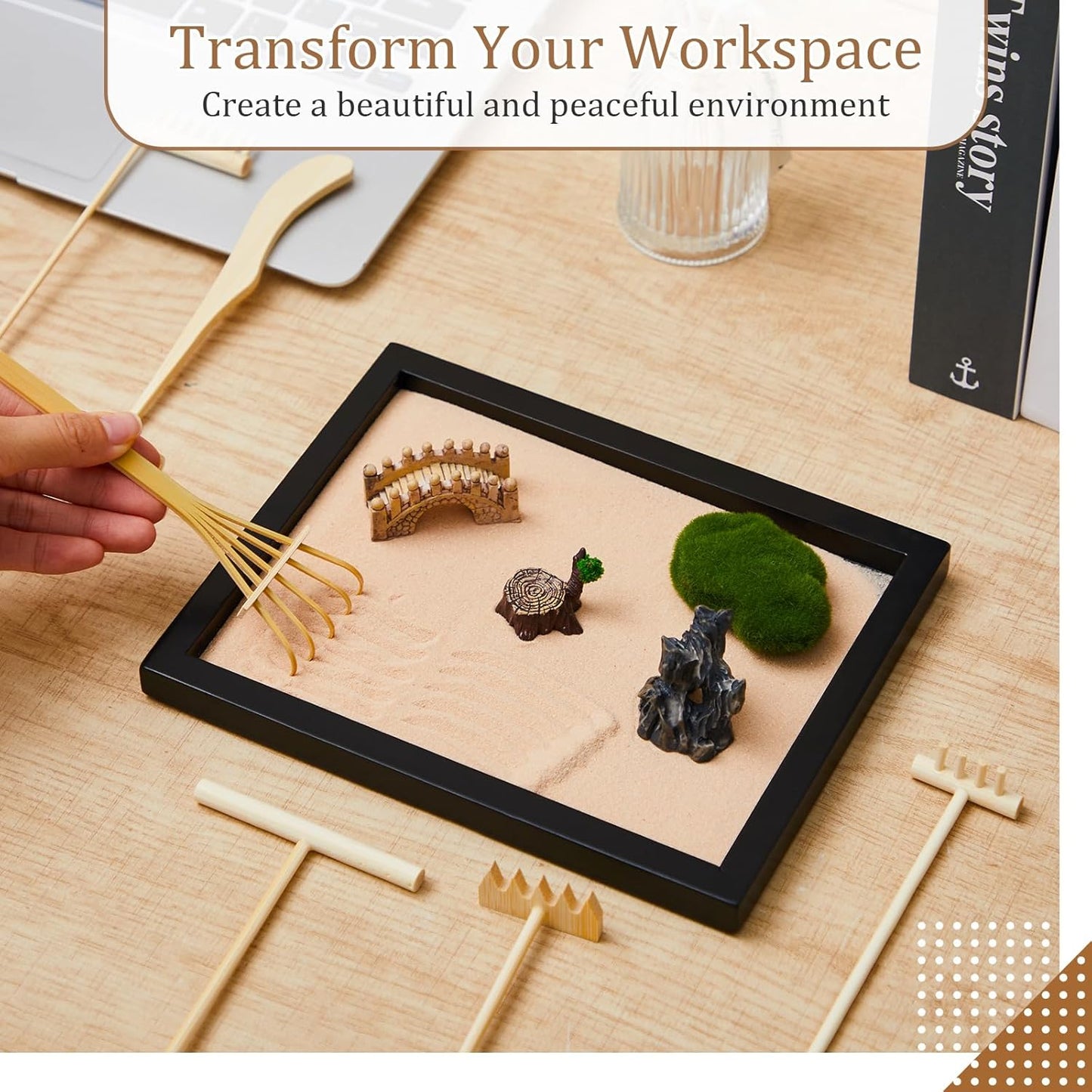 Soulchen 8 Pcs Mini Zen Garden Kit for Desk Decor DIY Your Own Zen Garden 8.5" x 6.7" Japanese Sand