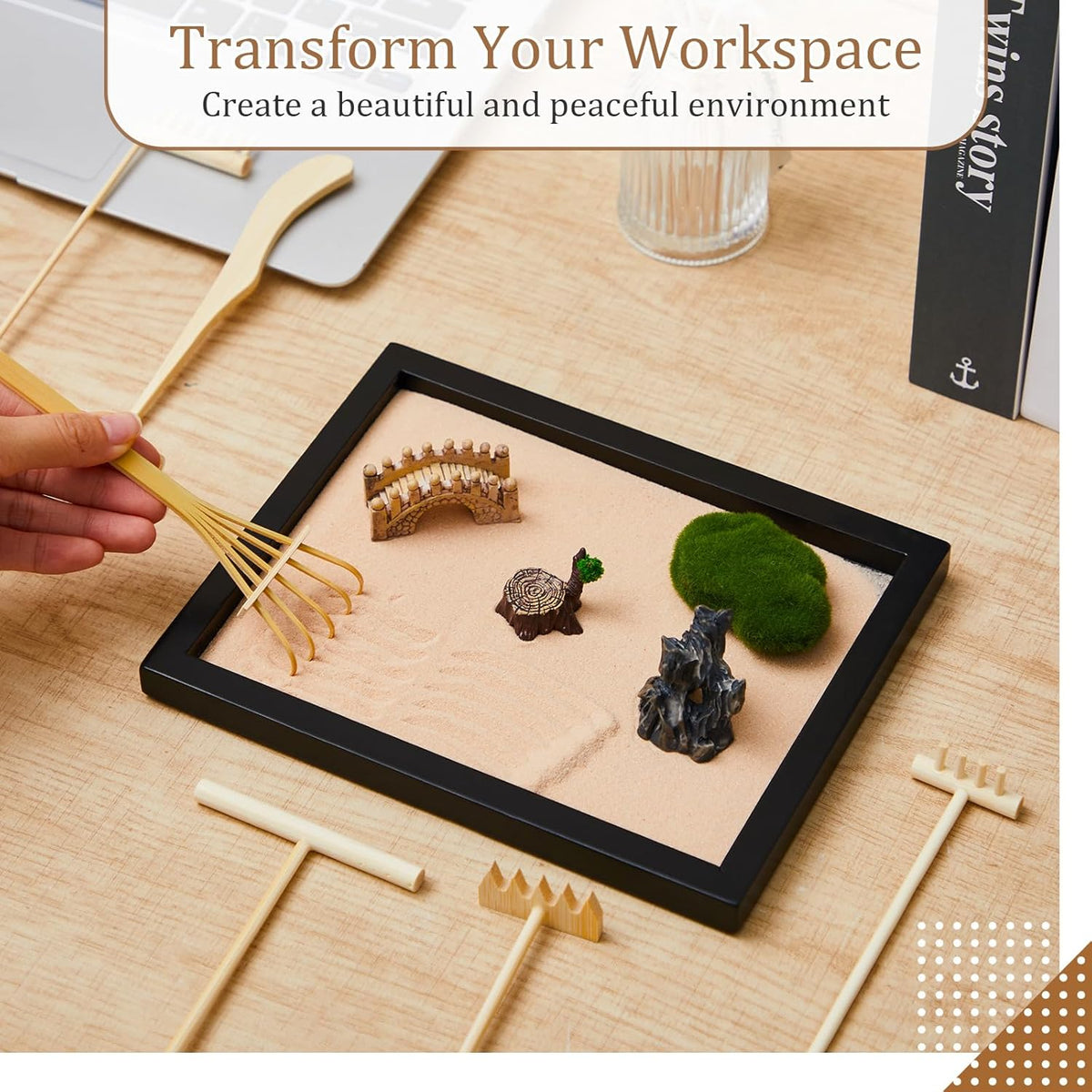 Soulchen 8 Pcs Mini Zen Garden Kit for Desk Decor DIY Your Own Zen Garden 8.5" x 6.7" Japanese Sand