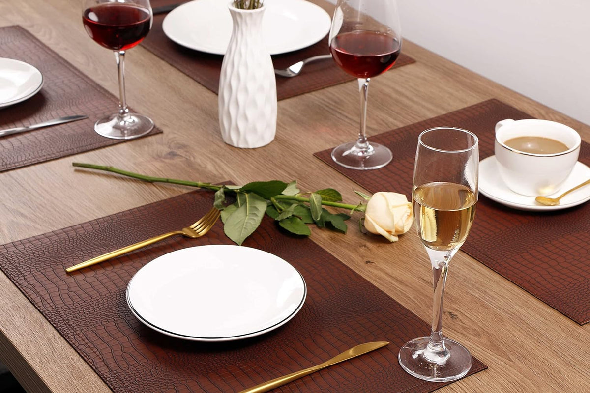 Faux Leather Hardboard Placemats, Set of 6 PU Table Mats, Easy to Clean, Heat & Stain Resistant for