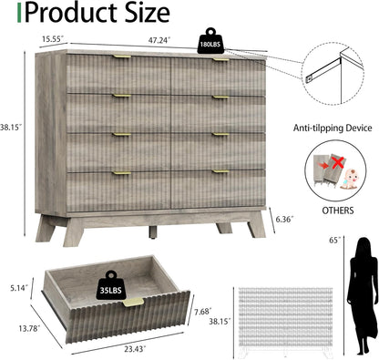 Fluted Dresser for Bedroom with 8 Drawers, 48" Wide Modern Chest of Drawers with Metal Handle