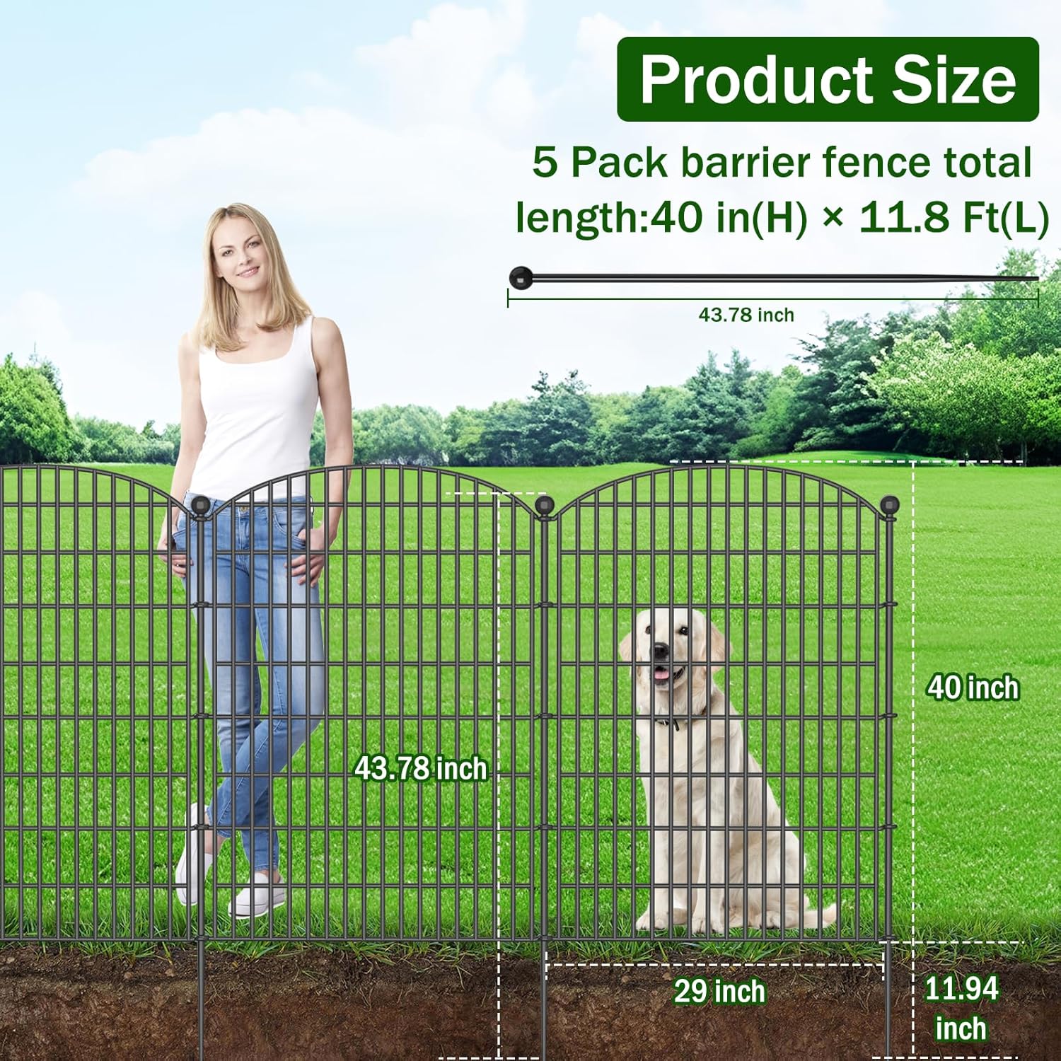 No Dig Decorative Garden Fence 5 Panels, 40 in (H) x 11.8 ft (L), Dog Fence Outdoor for Yard