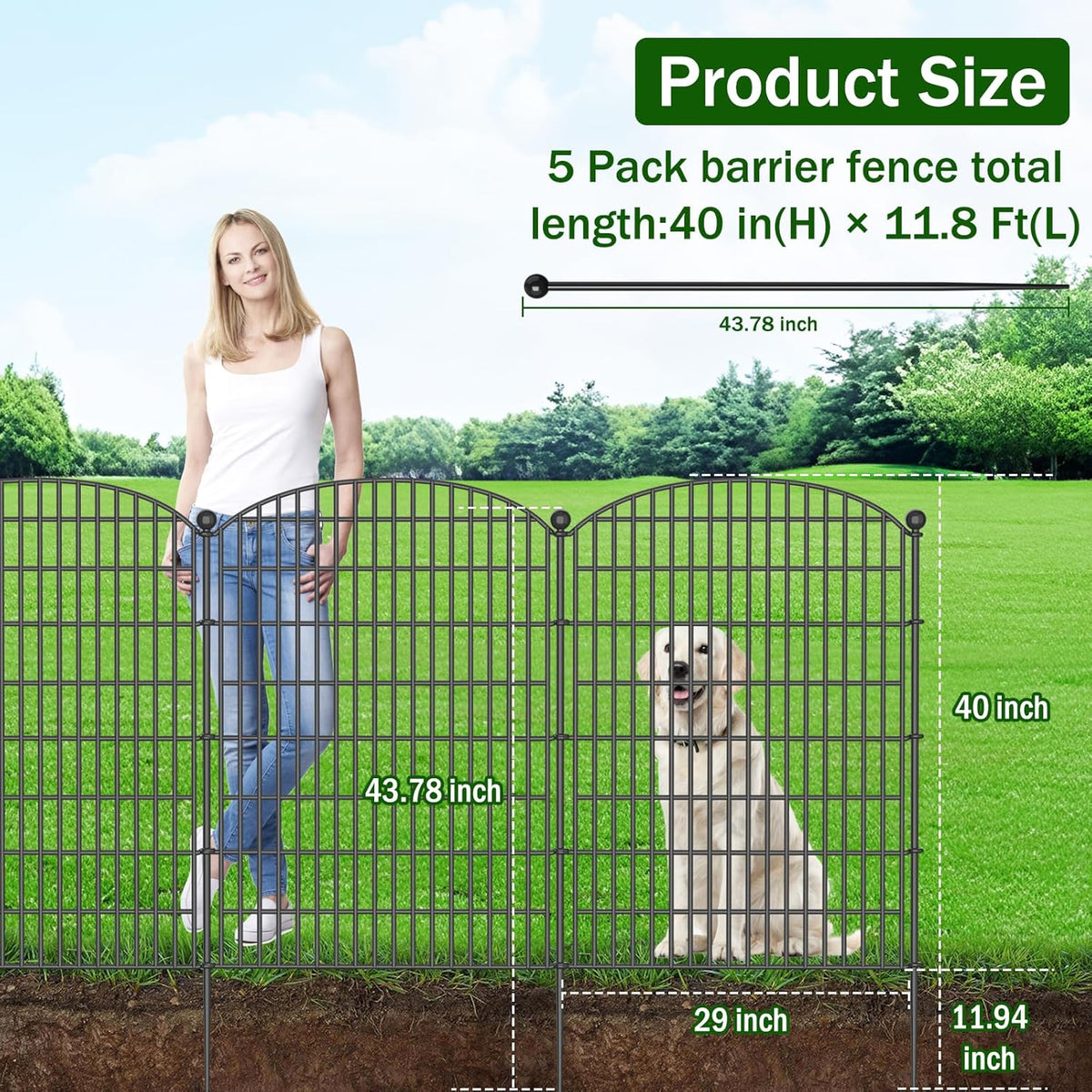 No Dig Decorative Garden Fence 5 Panels with Gate, 40 in (H) x 11.8 ft (L), Dog Fence Outdoor for
