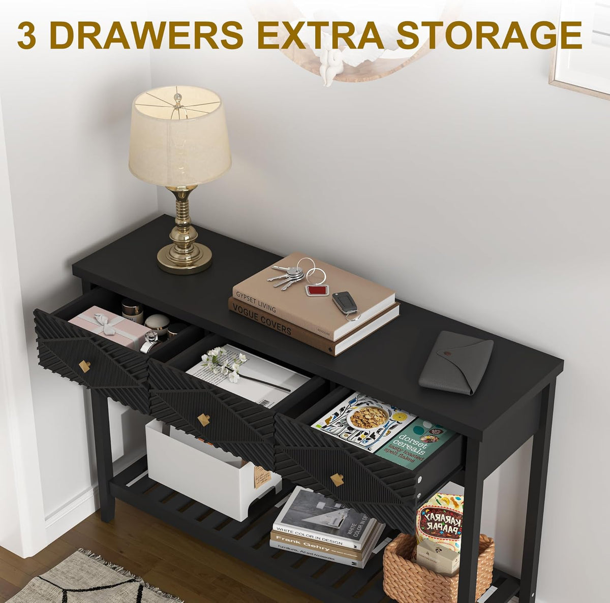 47" Console Table with 3 Drawers, Fluted Narrow Long Entryway Table with Storage Shelf, Accent