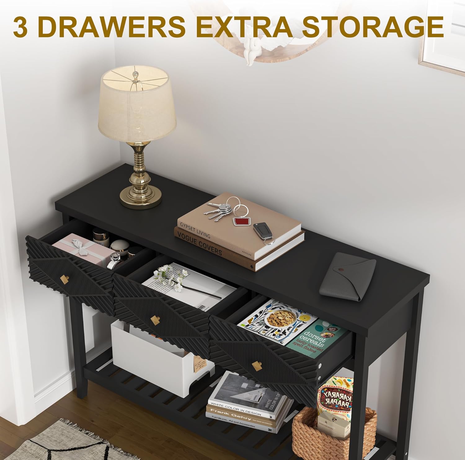 47" Console Table with 3 Drawers, Fluted Narrow Long Entryway Table with Storage Shelf, Accent