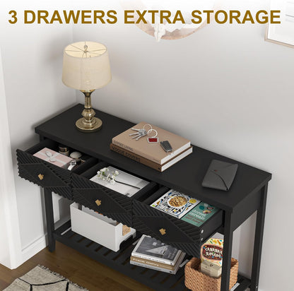 47" Console Table with 3 Drawers, Fluted Narrow Long Entryway Table with Storage Shelf, Accent
