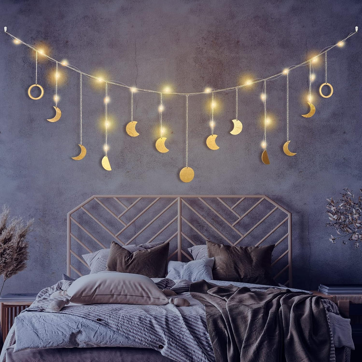 Moon Phase Wall Decor with LED String Light, 13 Gold Wood Boho Wall Hanging Decor Mood Garland 56''