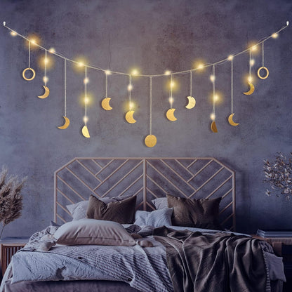 Moon Phase Wall Decor with LED String Light, 13 Gold Wood Boho Wall Hanging Decor Mood Garland 56''