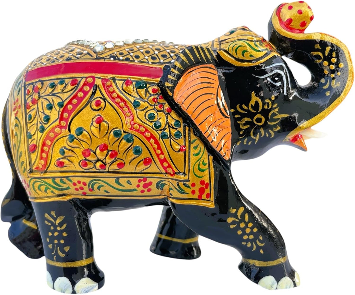Handcrafted Wooden Elephant Figurine – Traditional Artwork, Gold & Gemstone Embellishments – Lucky