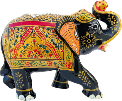 Handcrafted Wooden Elephant Figurine – Traditional Artwork, Gold & Gemstone Embellishments – Lucky