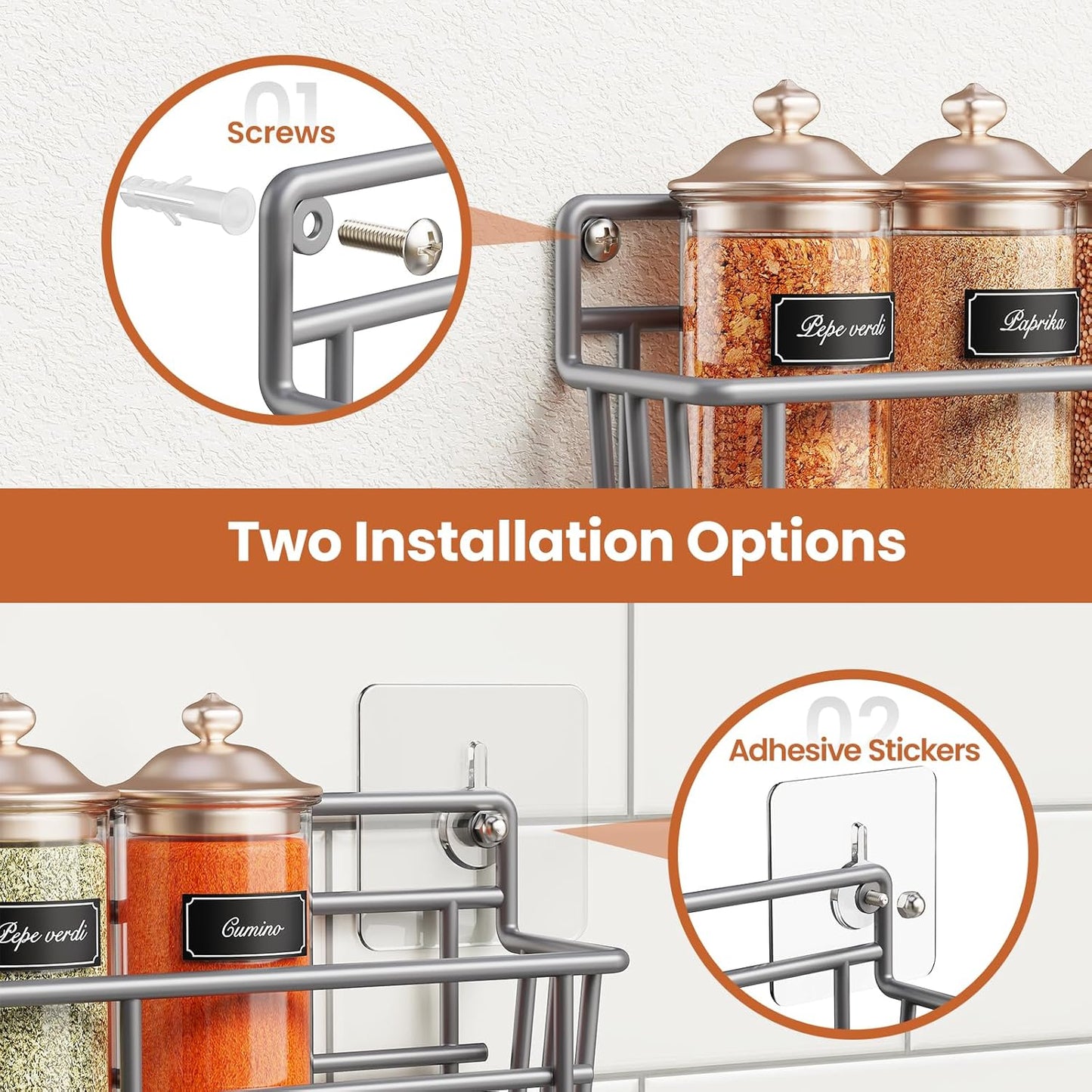 5 Pack Spice Rack Seasoning Organizer Wall Mount, Screw or Adhesive Hanging Shelf Basket Spice