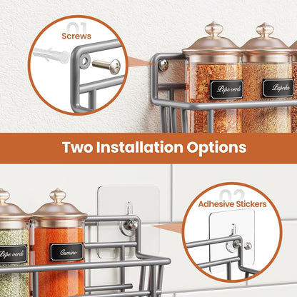 5 Pack Spice Rack Seasoning Organizer Wall Mount, Screw or Adhesive Hanging Shelf Basket Spice