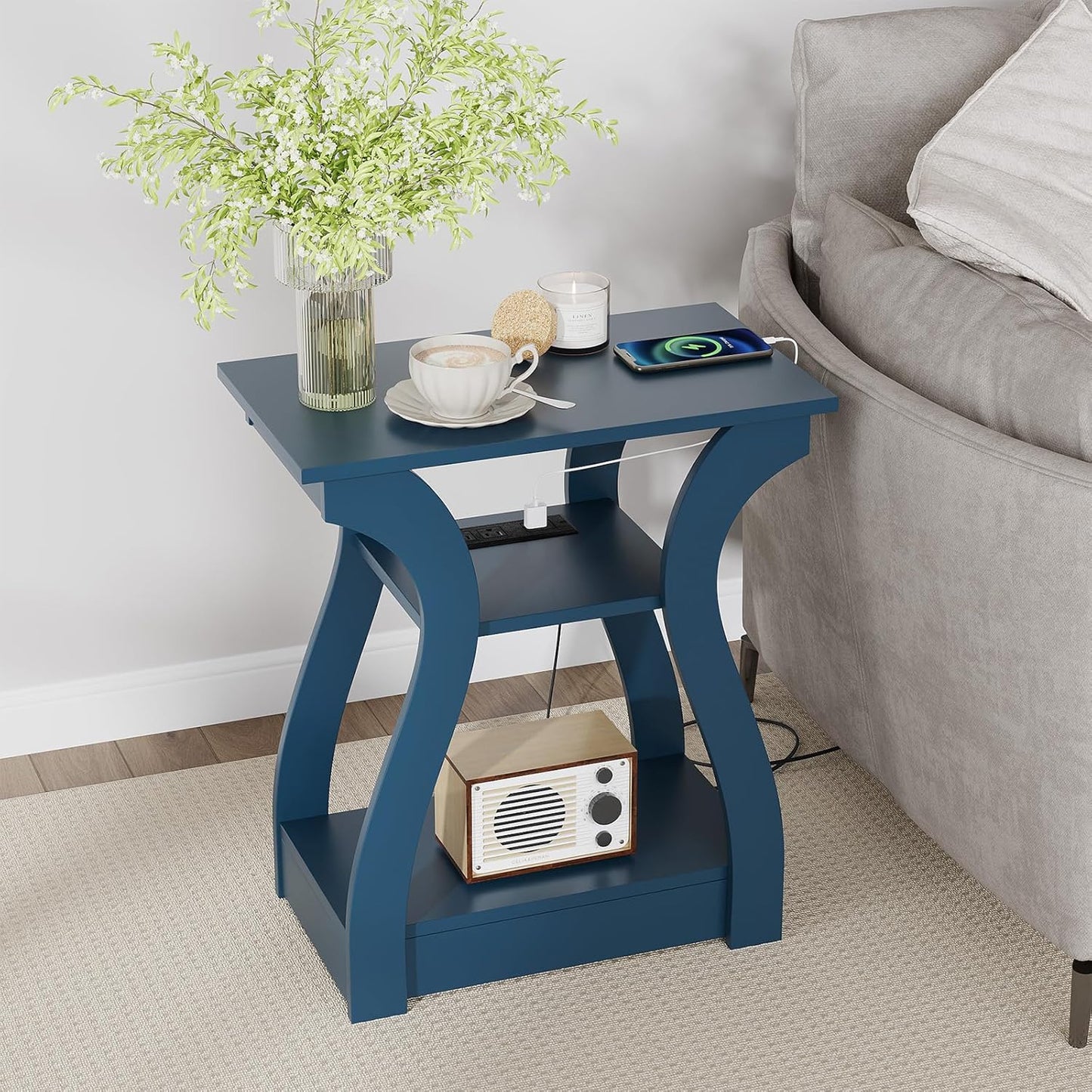 End Tables Living Room, End Table end Table with Charging Station and USB,Navy Blue Side Table