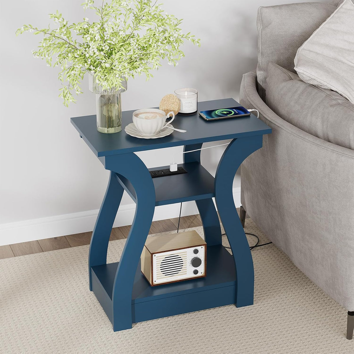 End Tables Living Room, End Table end Table with Charging Station and USB,Navy Blue Side Table