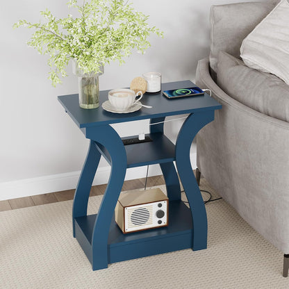 End Tables Living Room, End Table end Table with Charging Station and USB,Navy Blue Side Table