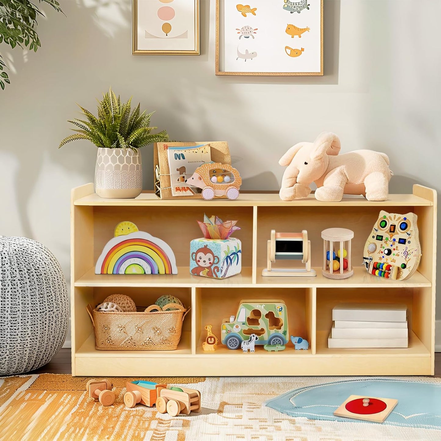 Montessori Shelf, Wooden Toy Storage Organizer for Books Toys, 2 Shelf Bookcase, 5-Section Storage