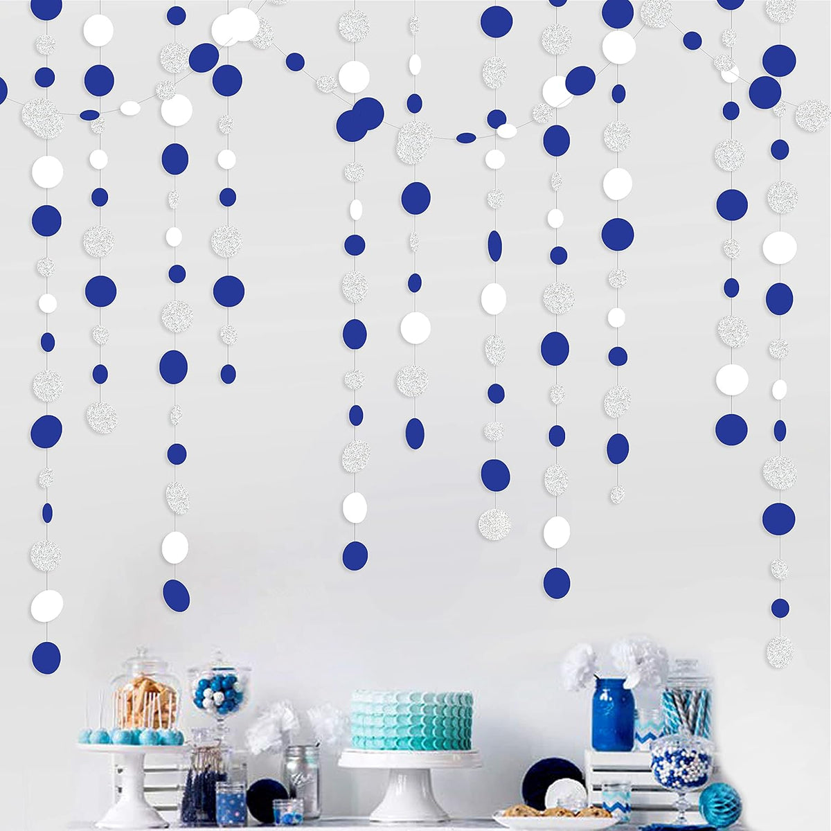46 Feet Navy Blue White and Silver Circle Dots Garland Royal Blue Hanging Paper Polka Dots Streamer