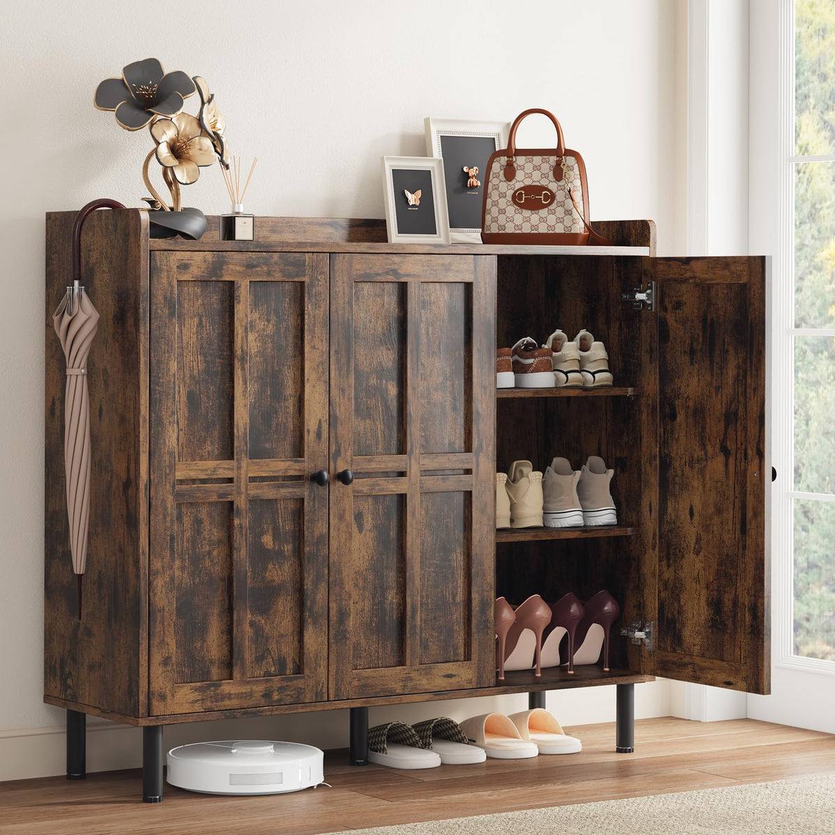 ComfyCorner Shoe Cabinet with 3 Doors, Shoe Rack for Entryway, Rustic Brown