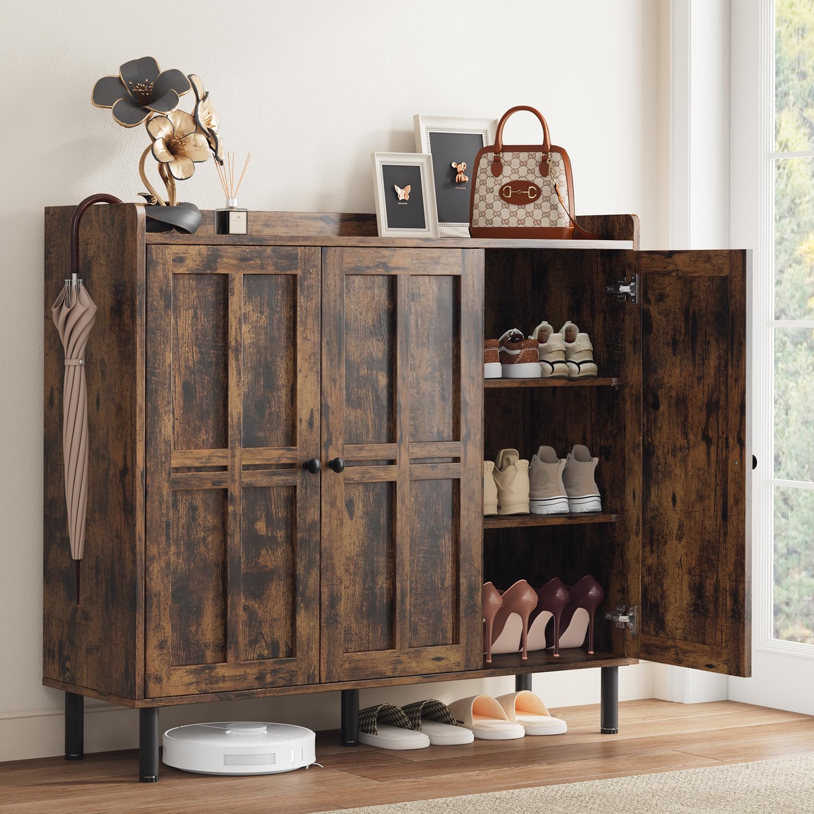 ComfyCorner Shoe Cabinet with 3 Doors, Shoe Rack for Entryway, Rustic Brown