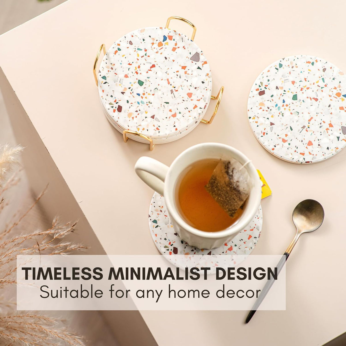 Terrazzo Drink Absorbent Coasters with Holder Set of 6, Ceramic Coaster for Drinks, Coffee Table
