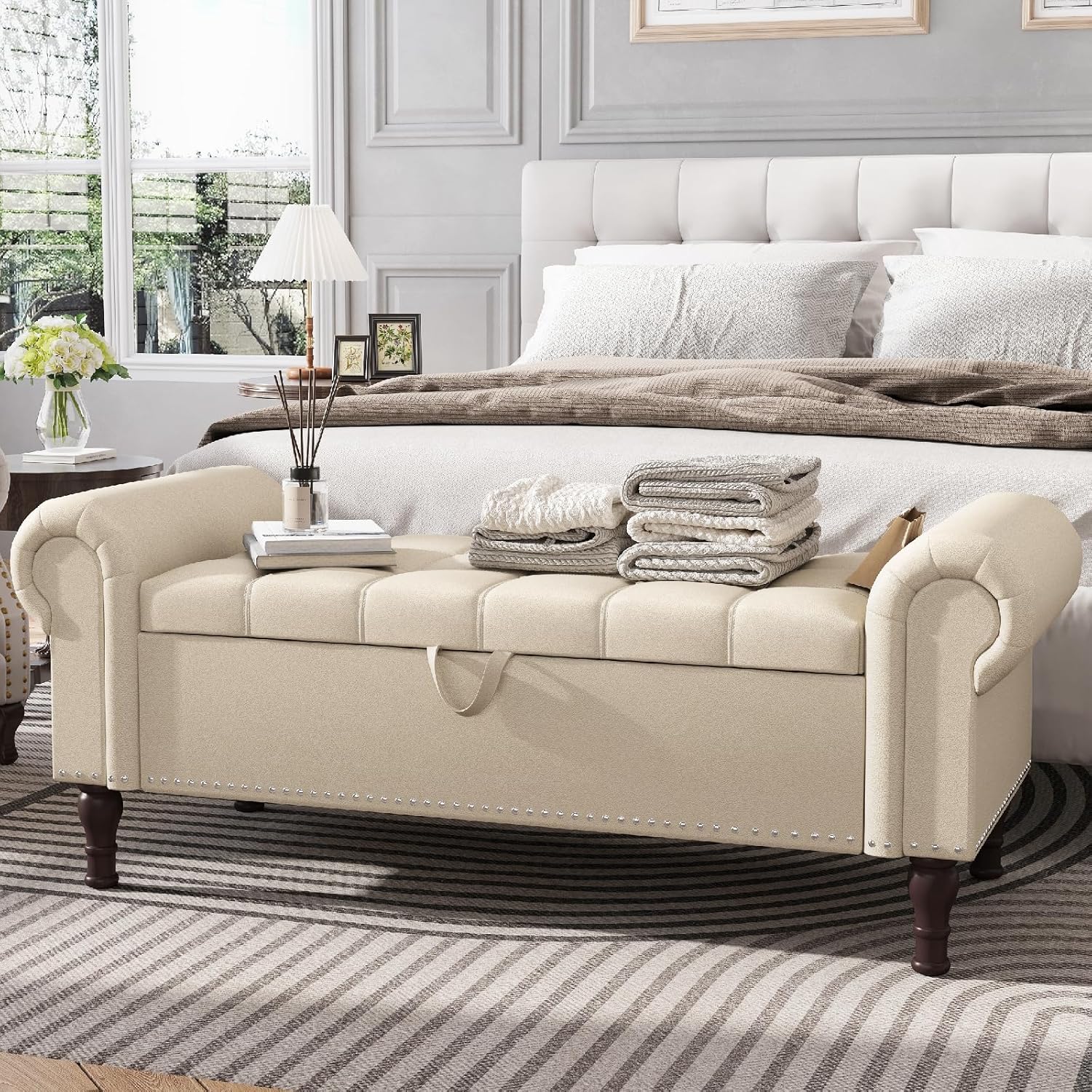 Apicizon 51”Storage Ottoman Bench, Soft Faux Leather Indoor Bench with Rolled Arm and Vintage