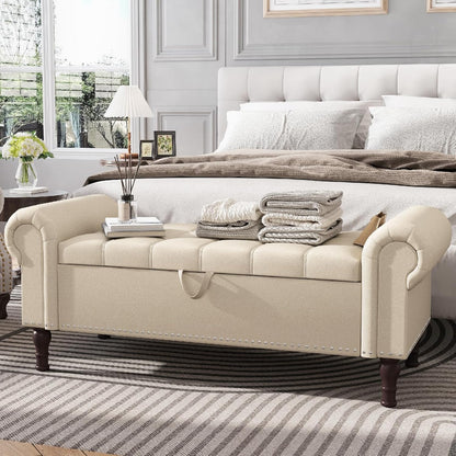 Apicizon 51”Storage Ottoman Bench, Soft Faux Leather Indoor Bench with Rolled Arm and Vintage