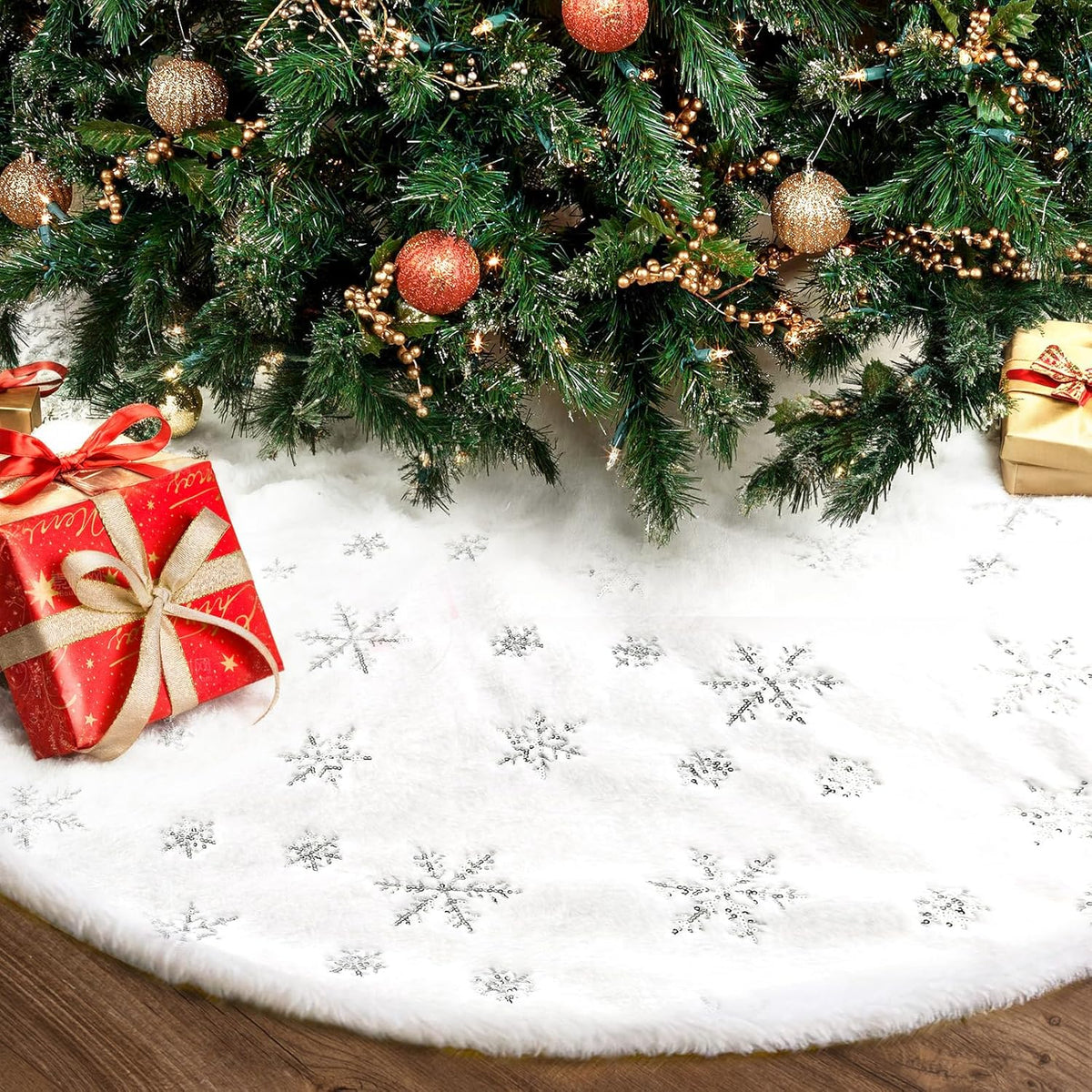 Christmas Tree Skirt 36 Inch, Holiday Part Decorations for Christmas Tree, Whit Plush Sliver Sequin