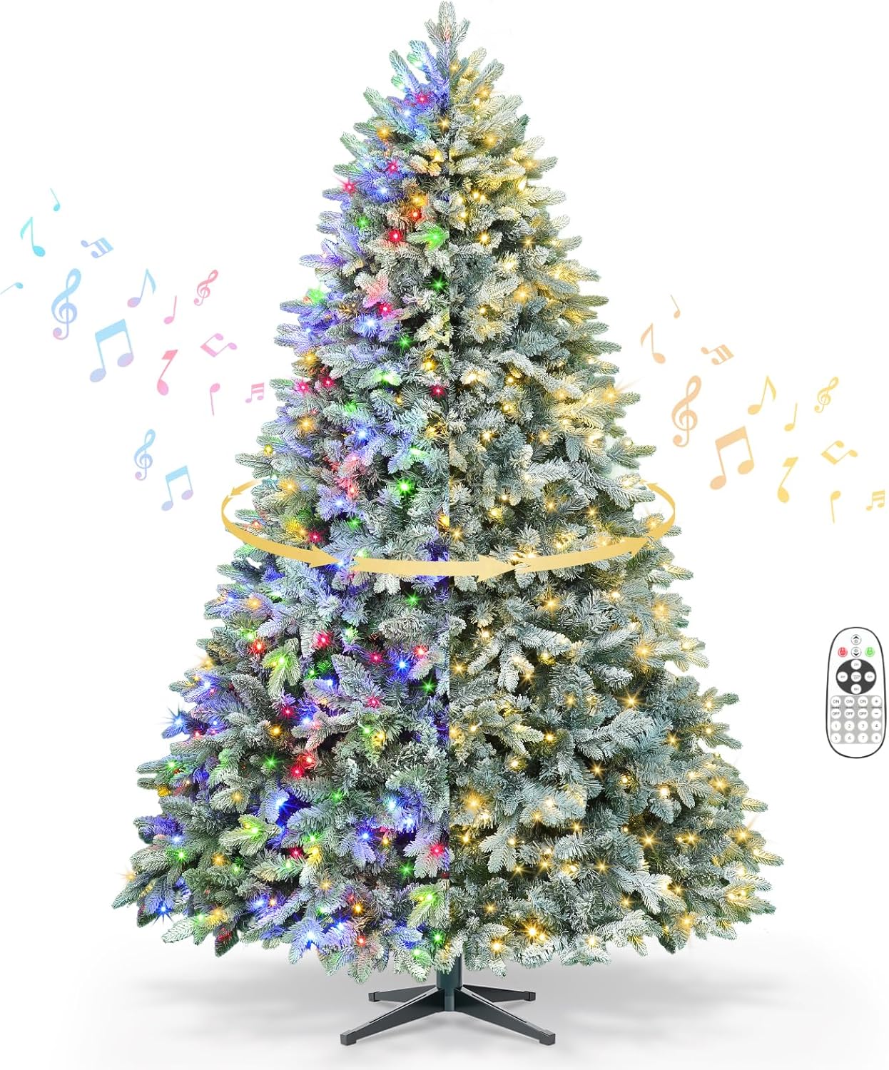 9ft Pre-lit Artificial Christmas Tree with Remote, Snow Flocked Xmas Trees Rotating & Foldable