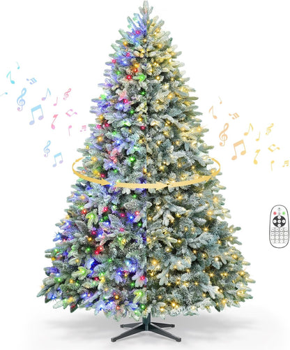 9ft Pre-lit Artificial Christmas Tree with Remote, Snow Flocked Xmas Trees Rotating & Foldable
