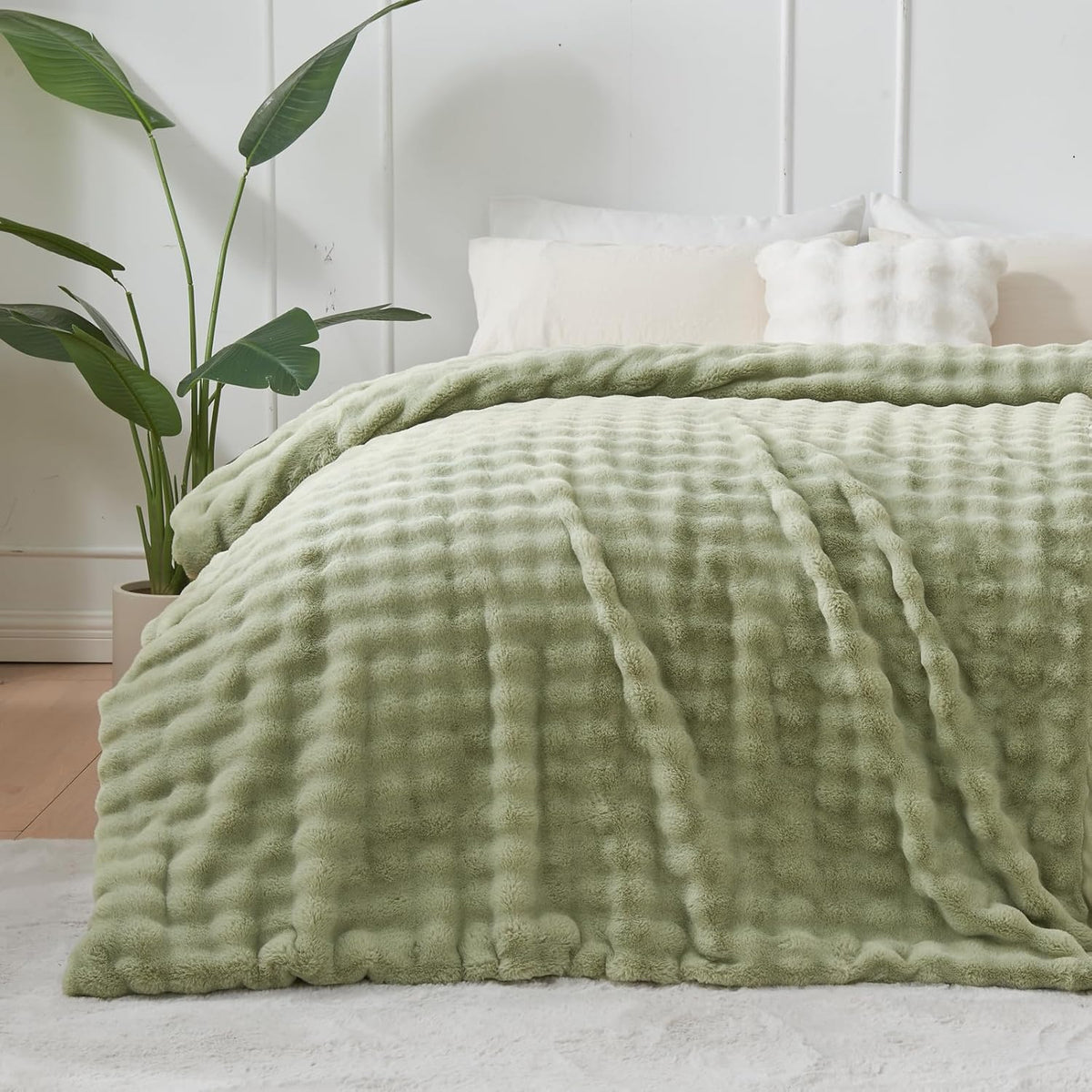 NEWCOSPLAY Faux Fur Twin Blanket Sage Green Bubble Blanket Thick Warm Soft for Couch Sofa Bed