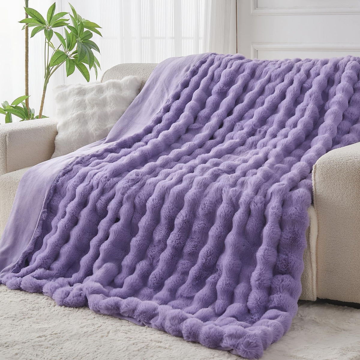 Lotus Karen Faux Fur Throw Blanket Purple - Big Bubble Rabbit Fluff Blanket for Couch Bed