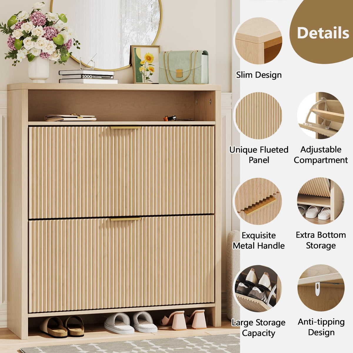 Angel Sar 31.5" Fluted Shoe Cabinet Storage for Entryway