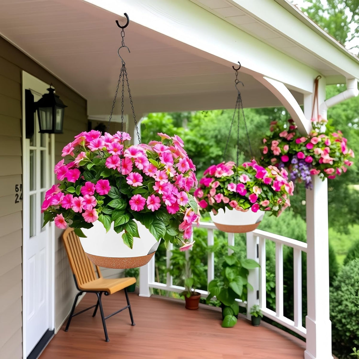 2 Pack 12 Inch Large Hanging Planters with Chains Self Watering White Brown Plastic Hanging Pots