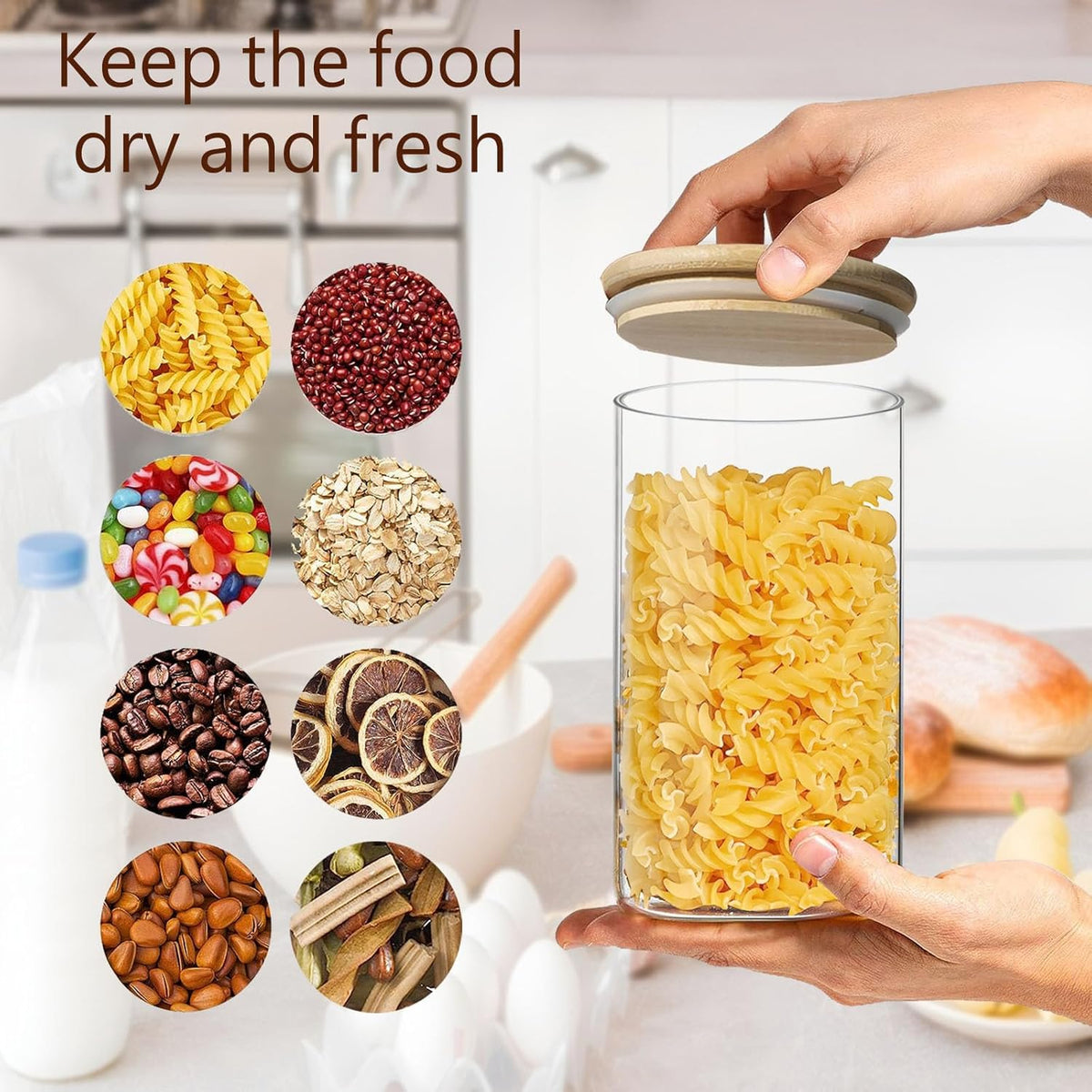 Round Glass Jars Canister with Wood Lid 40 FL OZ [Set of 3], Container Jar with Sealing, Lids for